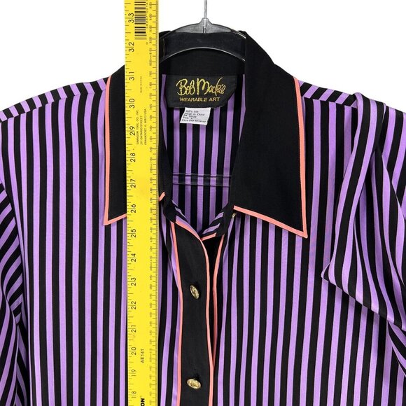 Bob Mackie Womens L Wearable Art 100% Silk Blouse Gold Buttons Contrast Trim Top - Picture 12 of 16